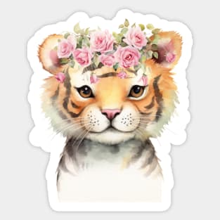 Baby Tiger With Pink Floral Crown Sticker